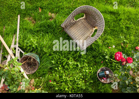 Vista al di sopra di un vecchio sbiadito sedia di vimini in un paese non mantenuti giardino con fiori e scartato il legname Foto Stock