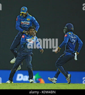 Pallakele, Sri Lanka. 24 Ago, 2017. Sri Lanka cricketer Akila Dananjaya (2 L) festeggia con i compagni di squadra dopo aver respinto di cricket indiana Hardik Pandya durante la seconda Giornata Internazionale (ODI) partita di cricket tra Sri Lanka e India a Pallekele International Cricket Stadium di Pallekele il 24 agosto 2017. Photo credit: Lahiru Harshana/Alamy Live News Foto Stock