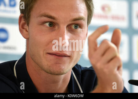 Berlino, Germania. 25 Ago, 2017. Javelin thrower Thomas Roehler, 2016 campione olimpico e 4° nei campionati del Mondo parla al ISTAF conferenza stampa a Berlino, Germania, 25 agosto 2017. Foto: Maurizio Gambarini/dpa/Alamy Live News Foto Stock