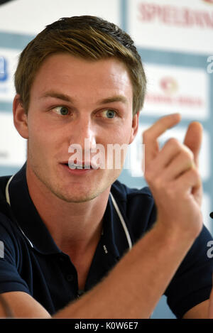 Berlino, Germania. 25 Ago, 2017. Javelin thrower Thomas Roehler, 2016 campione olimpico e 4° nei campionati del Mondo parla al ISTAF conferenza stampa a Berlino, Germania, 25 agosto 2017. Foto: Maurizio Gambarini/dpa/Alamy Live News Foto Stock