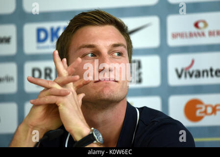 Berlino, Germania. 25 Ago, 2017. Javelin thrower Thomas Roehler, 2016 campione olimpico e 4° nei campionati del Mondo parla al ISTAF conferenza stampa a Berlino, Germania, 25 agosto 2017. Foto: Maurizio Gambarini/dpa/Alamy Live News Foto Stock