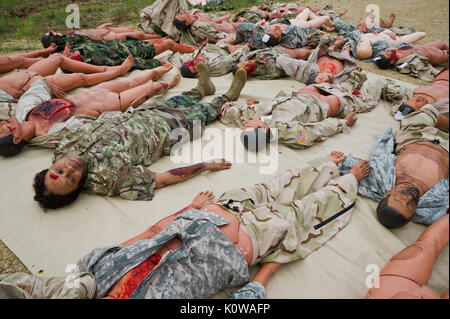 Stati Uniti Esercito il Mag. Debra Jett, 328a supporto di combattimento ospedale, Salt Lake City, Utah, giochi di ruolo come un ferito vittima durante la partecipazione in un C-130 Hercules cargo aircraft mass casualty scenario a giovani Air Assault striscia, Fort McCoy, Wis., Agosto 17, 2017, durante l'esercizio Patriot guerriero. Più di 600 cittadino riserva aviatori e oltre 10.000 soldati, marinai, Marines e i partner internazionali converged sullo stato del Wisconsin a supporto di una vasta gamma di esercizi interconnessi tra cui guerriero patriota, Global Medic, CSTX, Diamond Saber e affari mortuaria Esercizio (MAX). Patriot Warrior è Air Force R Foto Stock