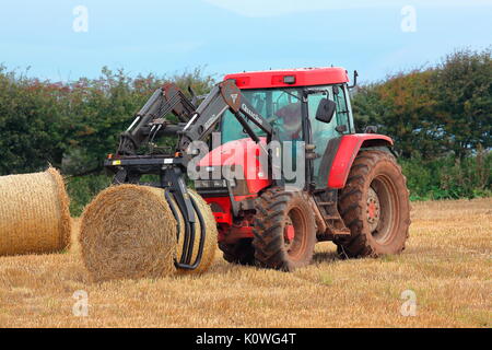 Un contadino raccoglie il suo giro le balle di paglia da un campo con la sua appositamente adattato il trattore con una struttura di pinza per il prelievo della enorme balle e farli ruotare. Foto Stock