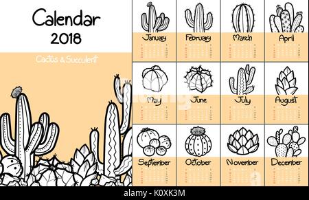 Calendario 2018 con graziosi cactus e piante succulente in contorno nero e rosso pastello sfondo. planner con semplice design.illustrazione vettoriale in disegnata a mano Illustrazione Vettoriale
