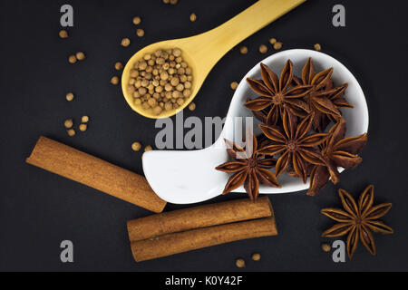 Anice stellato e spezie semi di coriandolo, semi di cumino, cannella su sfondo nero con spazio di copia Foto Stock