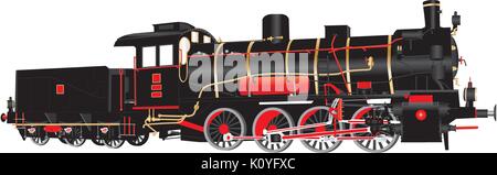 Una dettagliata illustrazione vettoriale del rosso e del nero Vintage otto ruote di trasporto merci a vapore locomotiva a gara con raccordi in ottone Illustrazione Vettoriale