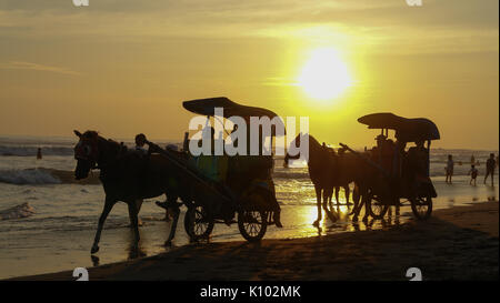 Passeggiate a cavallo sulla spiaggia al tramonto, parangritis Foto Stock