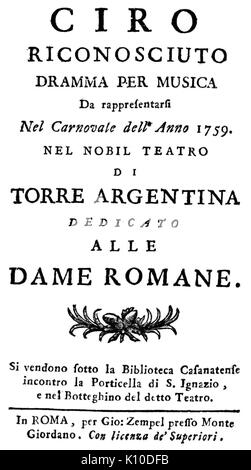 Baldassare Galuppi Ciro riconosciuto titlepage del libretto Roma 1759 Foto Stock