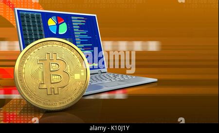 3d illustrazione di computer su orange cyber sfondo con bitcoin Foto Stock