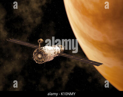 La stazione spaziale in orbita pianeta giallo. 3D'illustrazione. Foto Stock
