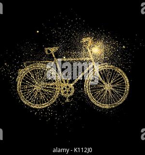 Simbolo di bicicletta concetto illustrazione, oro bike icona fatta di realistica golden glitter polvere su sfondo nero. EPS10 vettore. Illustrazione Vettoriale