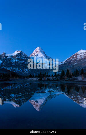 Il Monte Assiniboine e una stella riempito il cielo si riflette in un tarn vicino al lago di Magog, Monte Assiniboine Parco Provinciale, montagne rocciose, British Columbia, può Foto Stock