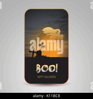 Abstract happy Halloween Card Design con un volo fantasma nel cimitero sotto la luna gialla - formato vettoriale modificabile incluso Illustrazione Vettoriale