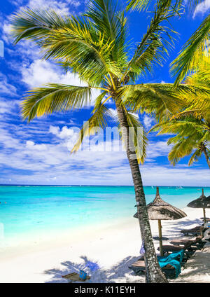 Incredibile tropicla paesaggio molto bello con spiaggia di sabbia bianca. Isole Mauritius Foto Stock