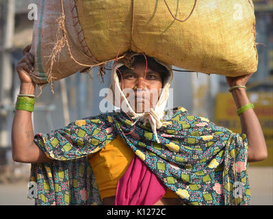 La donna indiana Adivasi (donna tribale) con due distintive borchie d'oro porta sulla testa una borsa di verdure e posa per la macchina fotografica. Foto Stock