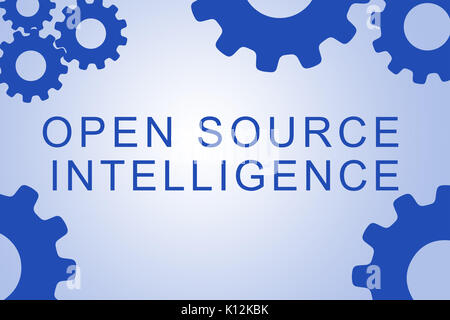 OPEN SOURCE segno di intelligenza concetto illustrazione con blue ruota dentata figure su fondo azzurro Foto Stock