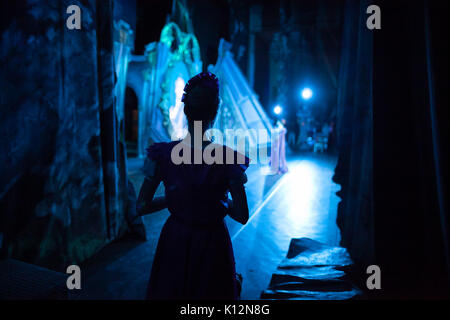 Ballet, dancing, magic concetto. in fantasmi di luce blu decorazione per prestazioni e offerta di silhouette slanciata ballerina indossando abiti rosa con sho Foto Stock