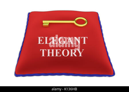 3D illustrazione di 'teoria elegante" Titolo sul velluto rosso cuscino vicino a golden key, isolato su bianco. Foto Stock