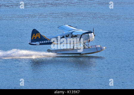 Un vintage de Havilland Canada Beaver Floatplane Landing nel porto di Vancouver, British Columbia, Canada. Foto Stock