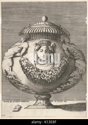 Antica urna Lidded con maschio ibrido sfingi e una maschera femminile sul corpo, da vasi dopo l'antico incontrato DP832542 Foto Stock