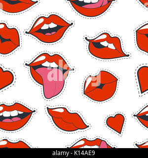 Glamorous stravagante sfondo senza giunture. Rosa luminoso trucco kiss mark. Appassionato di labbra in stile cartoon di 80 s e 90 s isolati su sfondo bianco Foto Stock