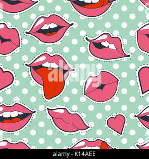 Glamorous stravagante sfondo senza giunture. Rosa luminoso trucco kiss mark. Appassionato di labbra in stile cartoon di 80 s e 90 s isolati su con la polka dots. Foto Stock