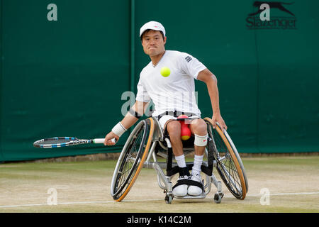 Shingo Kunieda del Giappone presso i colleghi del tennis su sedia a rotelle - campionati di Wimbledon 2017 Foto Stock