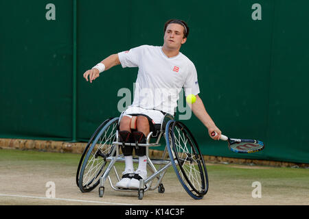 Gordon Reid del GB presso i colleghi del tennis su sedia a rotelle - campionati di Wimbledon 2017 Foto Stock