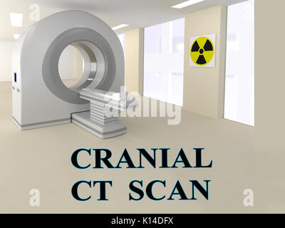 3D illustrazione di 'CRANIALE CT scan" Titolo con CT scanner come sfondo. Foto Stock