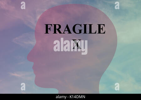 Il rendering di illustrazione di 'FRAGILE X" titolo sulla testa silhouette, con cielo nuvoloso come sfondo. Foto Stock