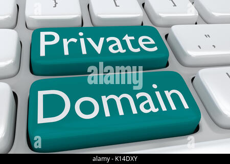 3D illustrazione della tastiera del computer con lo script "dominio privato' su due adiacenti pulsanti verdi Foto Stock
