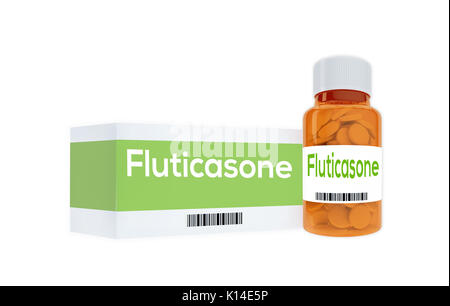 3D illustrazione di 'Fluticasone" titolo sulla pillola bottiglia, isolato su bianco. Foto Stock
