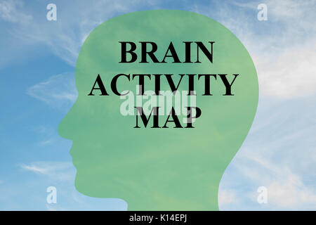 Il rendering di illustrazione di 'l'attività cerebrale map' script sulla silhouette di testa, con cielo nuvoloso come sfondo. Foto Stock