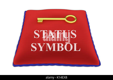 3D illustrazione di "status symbol" Titolo sul velluto rosso cuscino vicino a golden key, isolato su bianco. Foto Stock