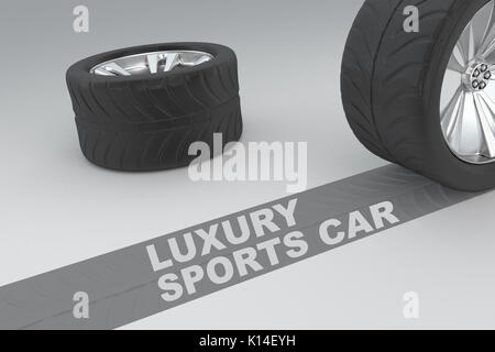 Lusso auto sportive sicurezza immagine concettuale del 3D reso ruote con pneumatici e segno su traccia scura che mostra le distanze di frenata su sfondo grigio Foto Stock