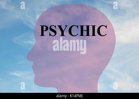 Il rendering di illustrazione di problemi psichici" titolo sulla testa silhouette, con cielo nuvoloso come sfondo. Foto Stock