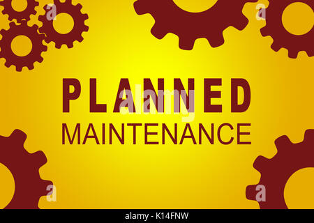Manutenzione pianificata segno concetto illustrazione con red ruota dentata figure su sfondo giallo Foto Stock