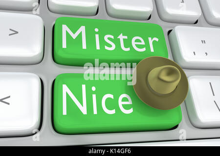 3D illustrazione della tastiera del computer con lo script "sorella bell' su due adiacenti i pulsanti verde e un feltro hat su uno di questi pulsanti. Foto Stock