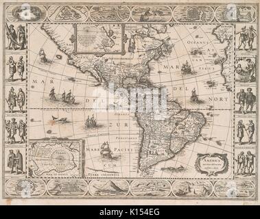 Inizio incisa mappa delle Americhe, America Noviter delineata, circa 1641, raffiguranti barche su oceani, con una successiva aggiunta di confine delle immagini dei diversi popoli nativi e panorama lungo il Nord e Sud America territori, 1843. Foto Stock