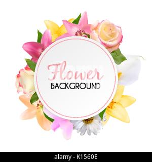 Astratta cornice con Giglio, rose e altri fiori. Backgr naturale Illustrazione Vettoriale