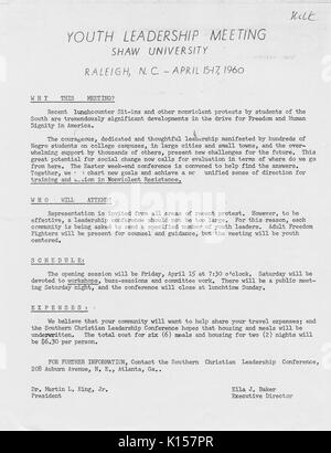 Flyer annunciando una Gioventù Leadership Meeting che si terrà alla Università di Shaw, Raleigh, North Carolina, su aprile 15-17, 1960 e recanti i nomi di Martin Luther King, Jr e Ella J Baker, il presidente e il direttore esecutivo, rispettivamente della Southern Christian Leadership Conference, aprile 1960. Dalla Biblioteca Pubblica di New York. Foto Stock