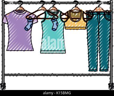 Matita colorata silhouette di abbigliamento femminile rack con magliette e pantaloni su appendiabiti Illustrazione Vettoriale