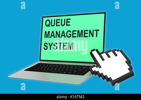 3D illustrazione del " sistema di gestione delle code' script con puntamento icona mano rivolto verso lo schermo del laptop Foto Stock