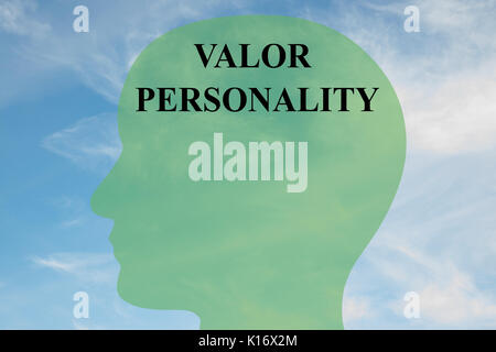 Il rendering di illustrazione di 'VALOR PERSONALITY' script sulla silhouette di testa, con cielo nuvoloso come sfondo. Foto Stock