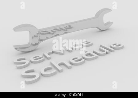 3D illustrazione di 'Service Schedule" titolo scritto in lettere in rilievo con una chiave. Foto Stock