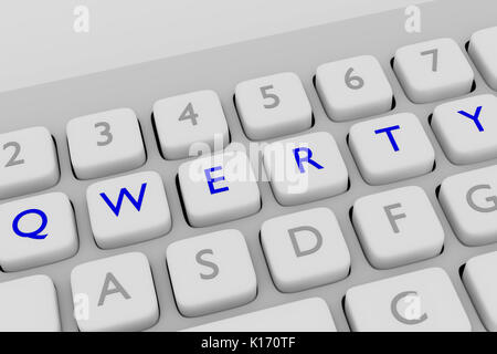 3D illustrazione della tastiera del computer con la stampa 'qwerty' su sei adiacenti i pulsanti blu, ogni lettera in un pulsante diverso. Foto Stock