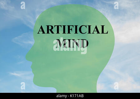 Il rendering di illustrazione di 'Artificial Mind" script sulla silhouette di testa, con cielo nuvoloso come sfondo. Foto Stock