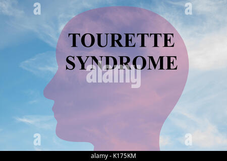 Il rendering di illustrazione della "sindrome di Tourette' script sulla silhouette di testa, con cielo nuvoloso come sfondo. Foto Stock