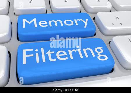 3D illustrazione della tastiera del computer con lo script 'Memory Filtering' su due adiacenti di blu pallido pulsanti. Il concetto di software. Foto Stock