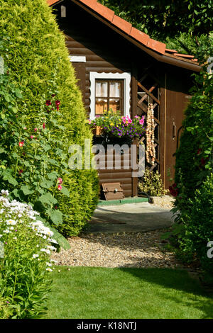 Comune (hollyhocks alcea rosea), arborvitae (Thuja), calibrachoa e nelle petunie (petunia) davanti a una casa giardino. design: marianne e detlef lüdke Foto Stock